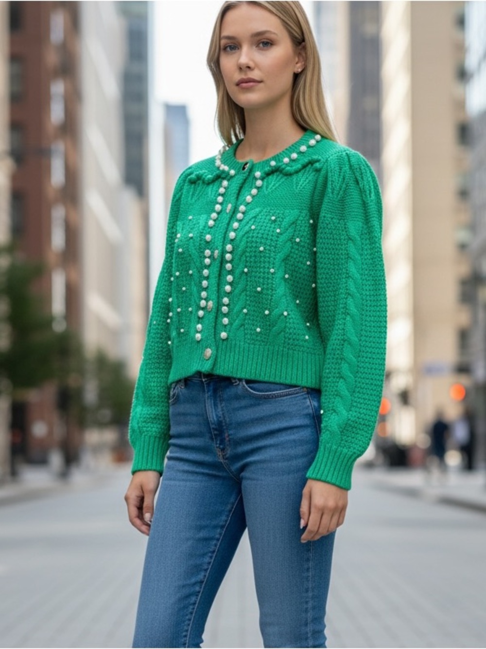 Jovonna London Green Pearl-Accent Knit Cardigan Sweater size M